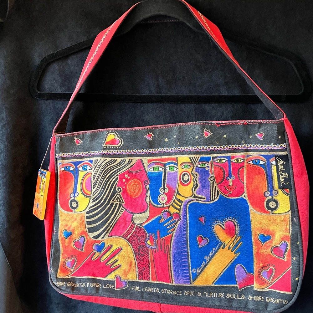Vintage Laurel Burch Shoulder Bag Art Faces Inspire Love red Fall Canvas Handbag